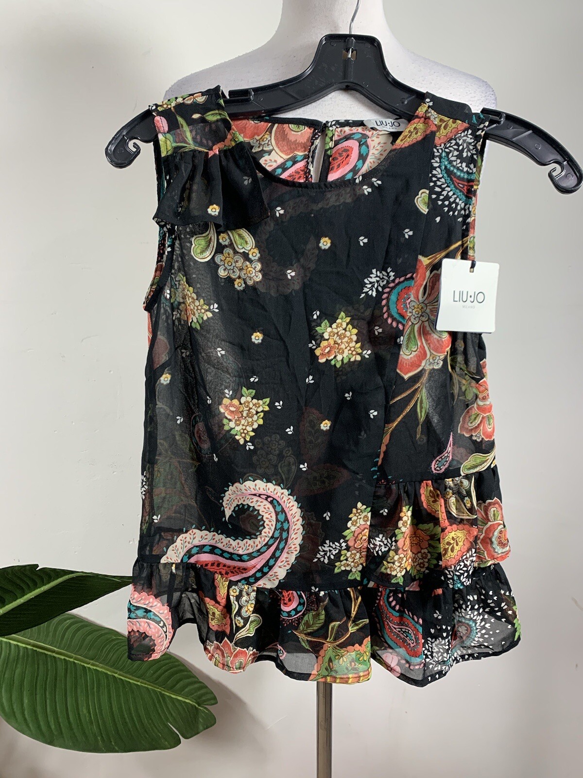 LIU JO MILANO WOMENS BLACK FLORAL PRITN SHEER TOP, Size 38