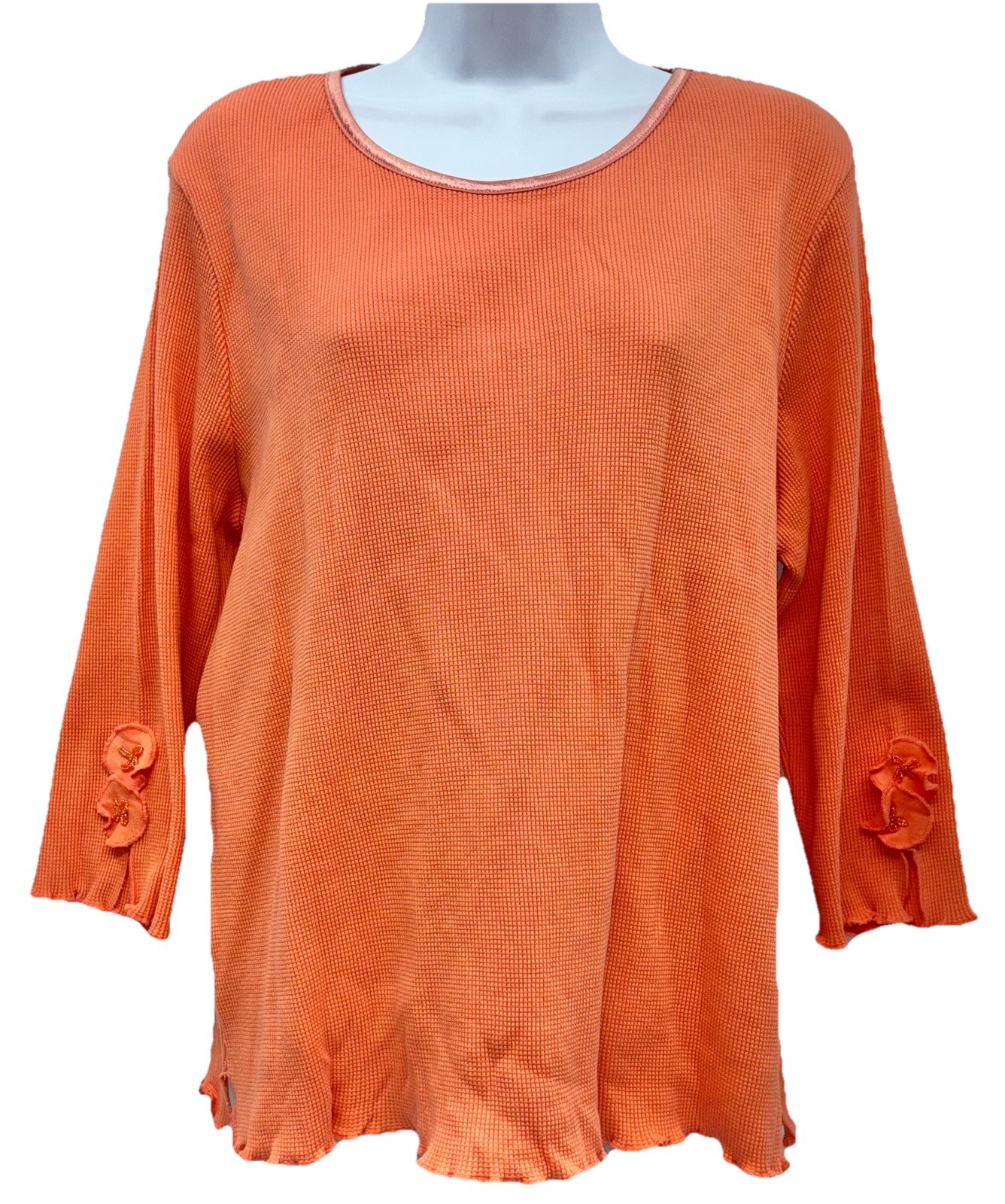 Cotton Connection Women Size XL Pullover 3/4 Sleeve Orange Waffle Knit Cotton