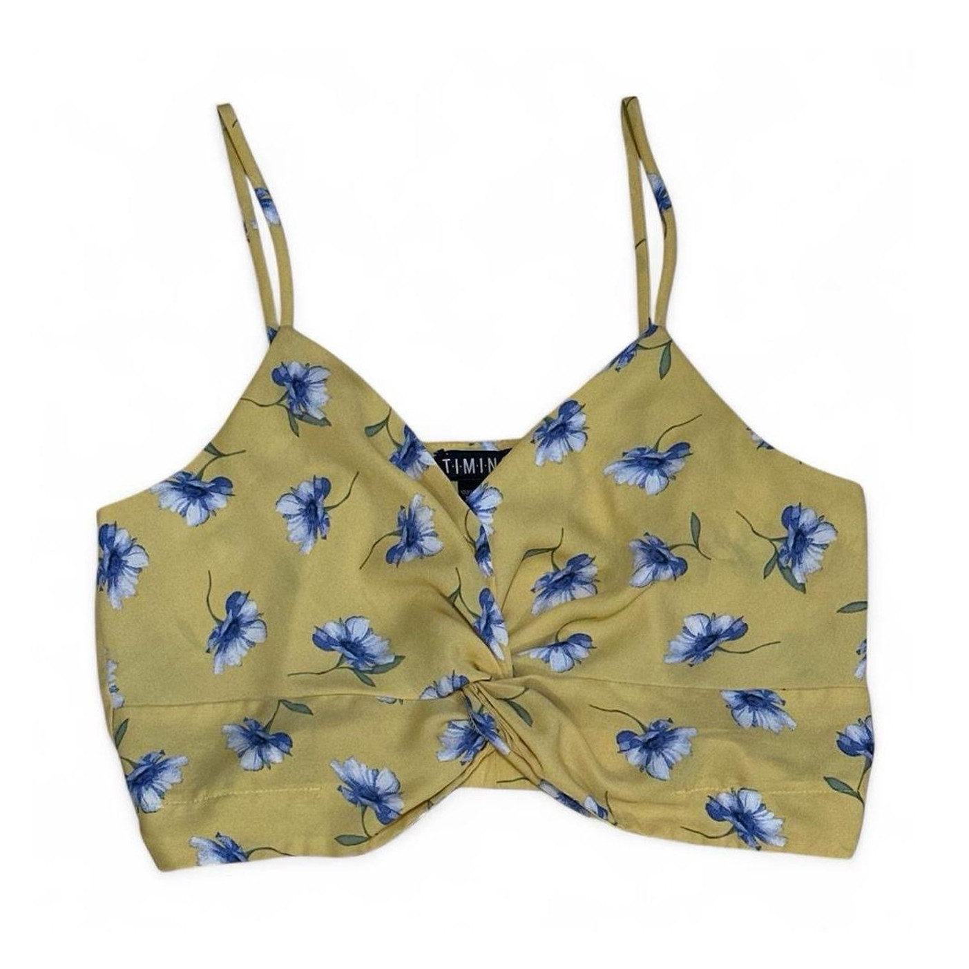 Timing Yellow & Blue Floral Twist-Front Crop Top – Size Small