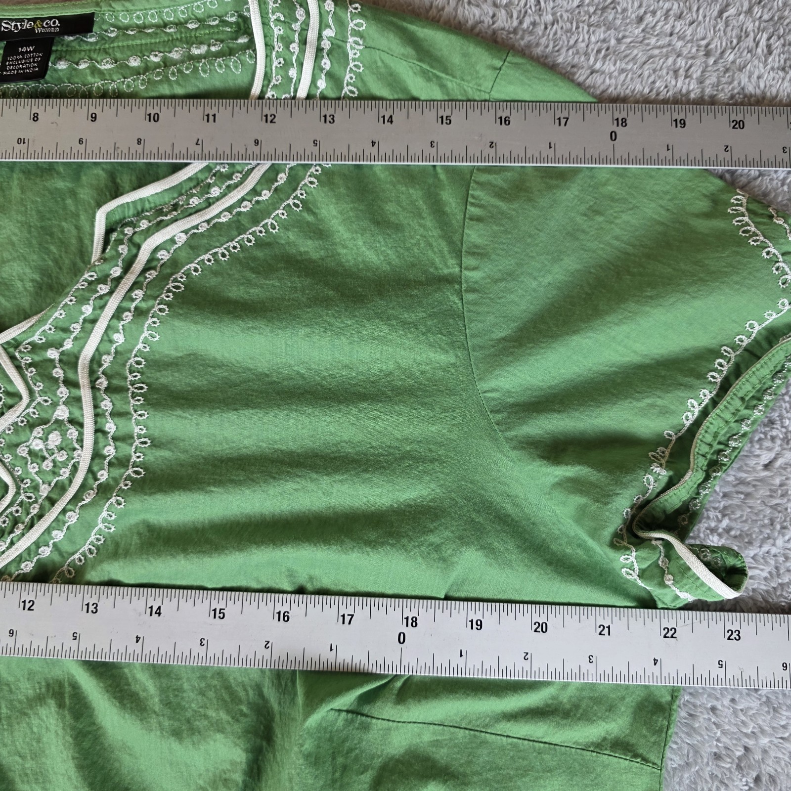 Style & Co. 14W Green White Embroidery 100% Cotton Tunic Split V-Neck EC