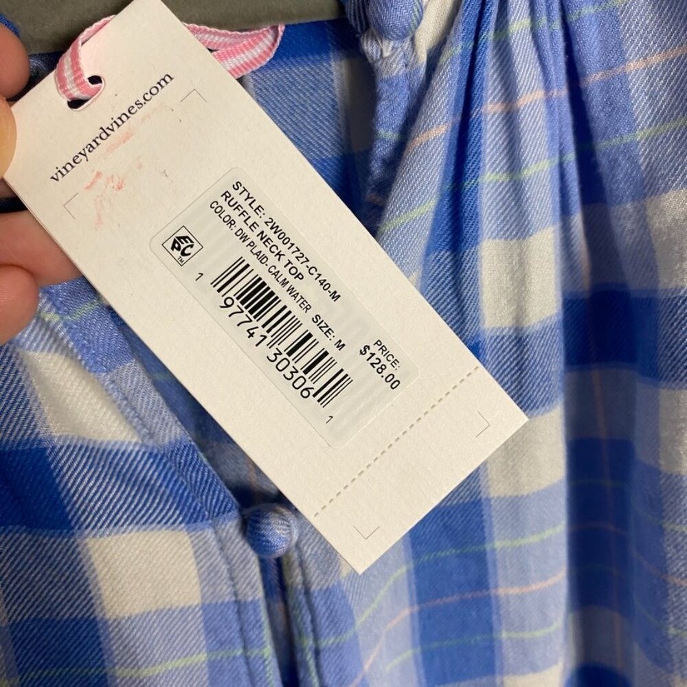 Vineyard Vines Ruffle Neck Plaid Top Calm Water Blue Womens Medium