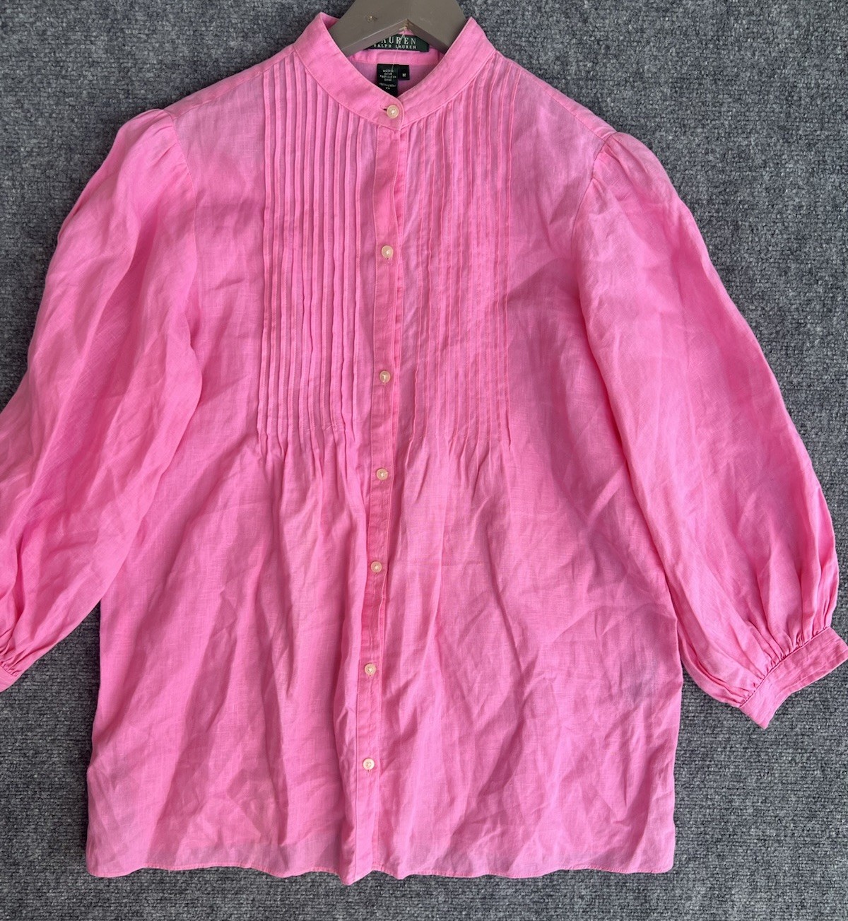 Lauren Ralph Lauren Pink Women’s M 100% linen 3/4 Sleeve Blouse Mandarin Collar.