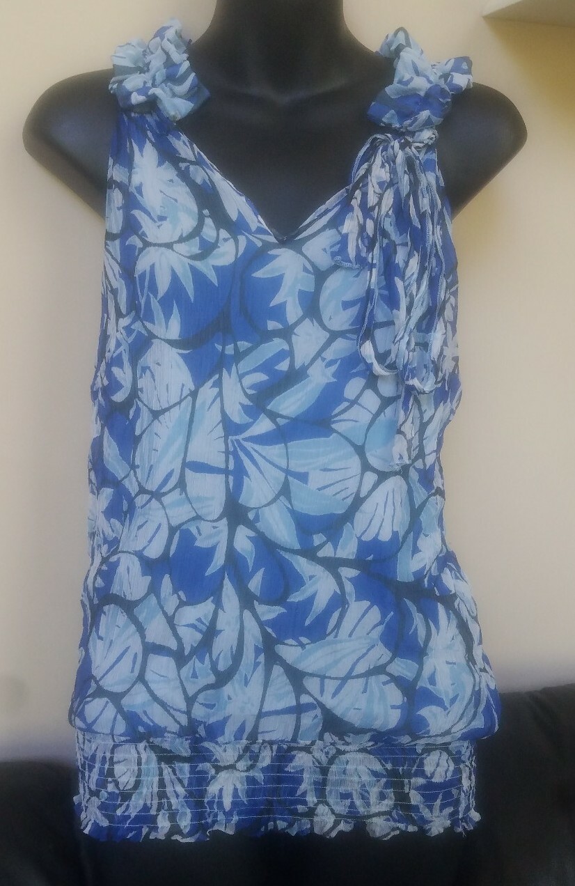 ELENA SOLANO Sz S Floral Blouse 100% Silk Shell Elegant Lined Top Blue Shirt