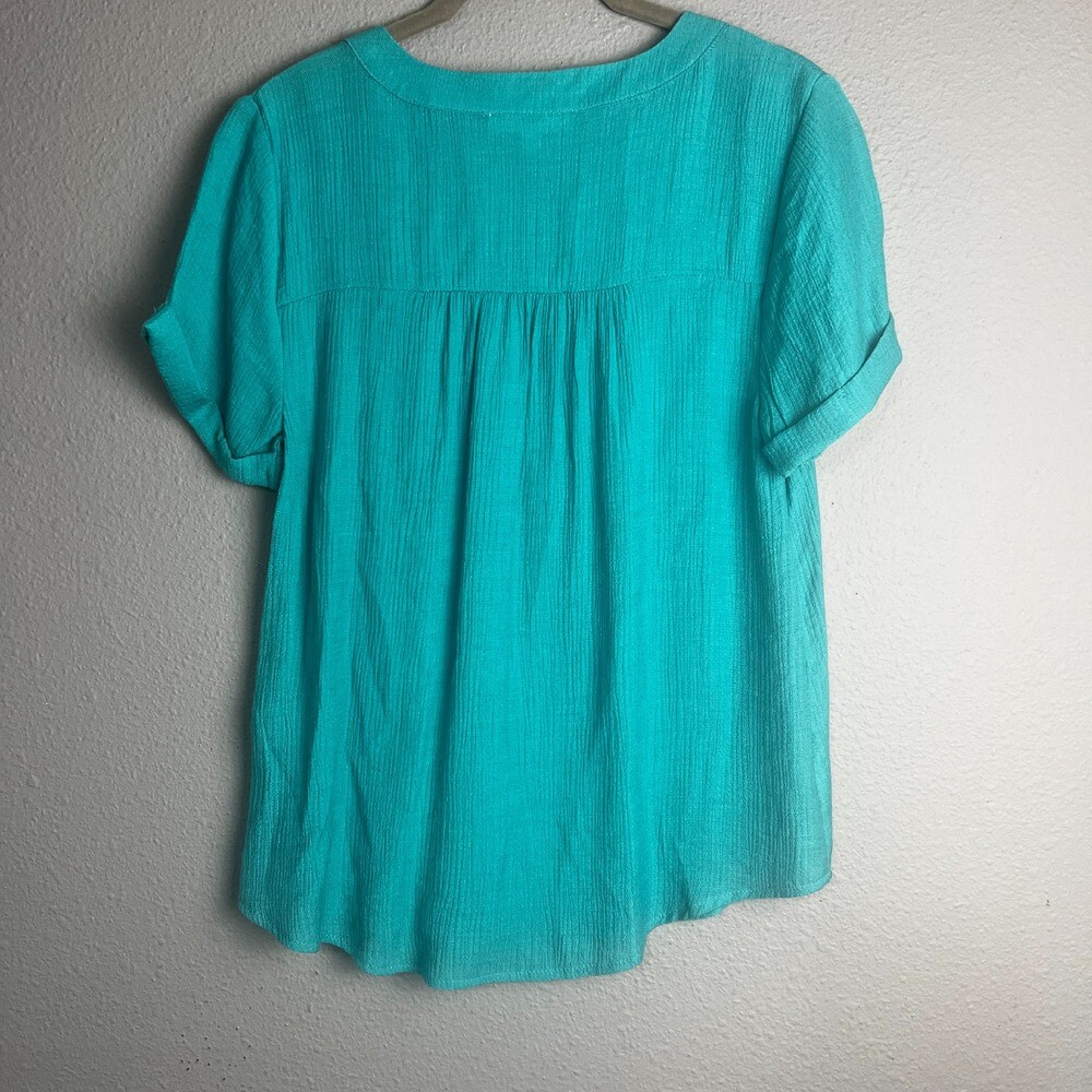 MINE Crochet Trim Tunic Top Blouse Short Sleeve Coastal Casual Teal Blue Size S