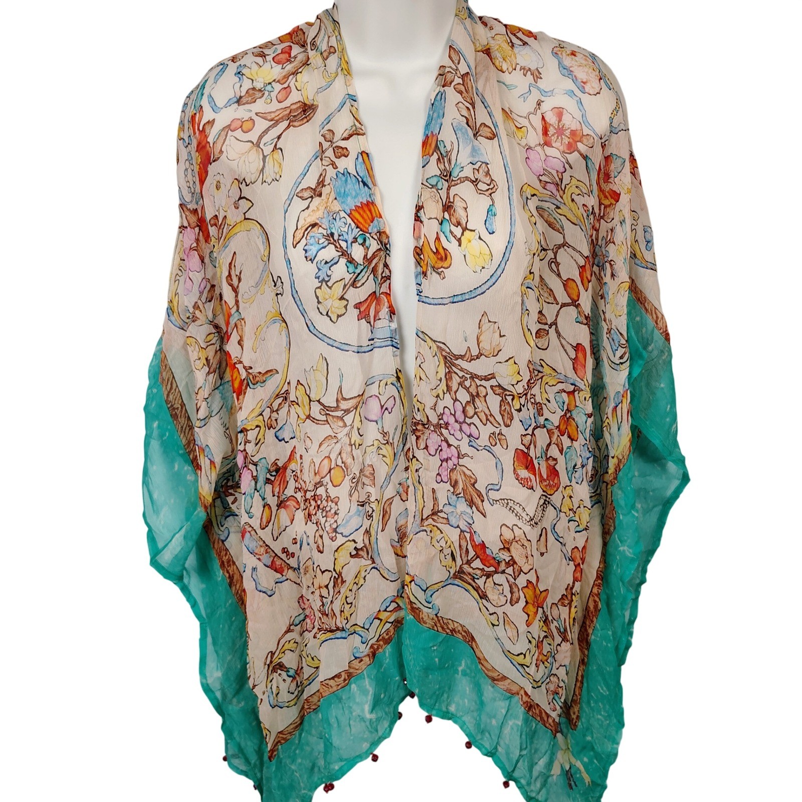 Soft Surroundings Cupro Kimono Wrap Botanical Bird Print Teal Bead Trim S/M
