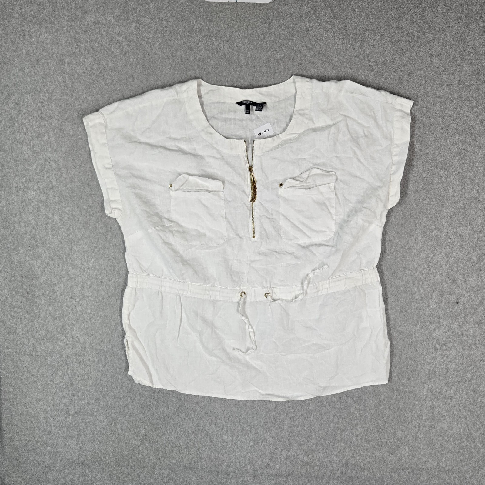 Ellen Tracy Women Blouse XL White 100% Linen Cinched Waist 1/2 Zip Pockets READ