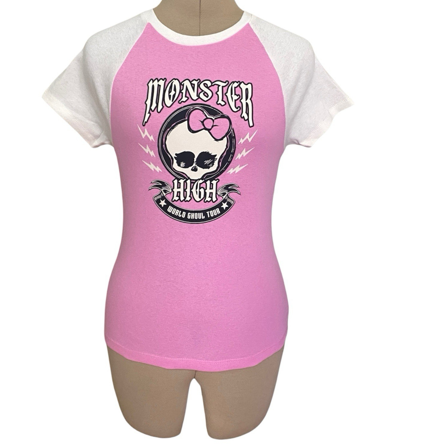 Monster High Pink/White Raglan Graphic Logo Crew Neck Cotton T-Shirt Women M
