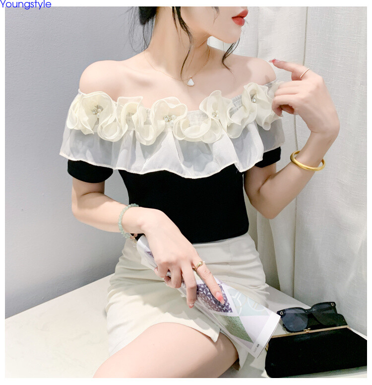 Korean Womens Ruffle Boat Neck Slim Summer Party Cocktail Tops Blouse T Shirt