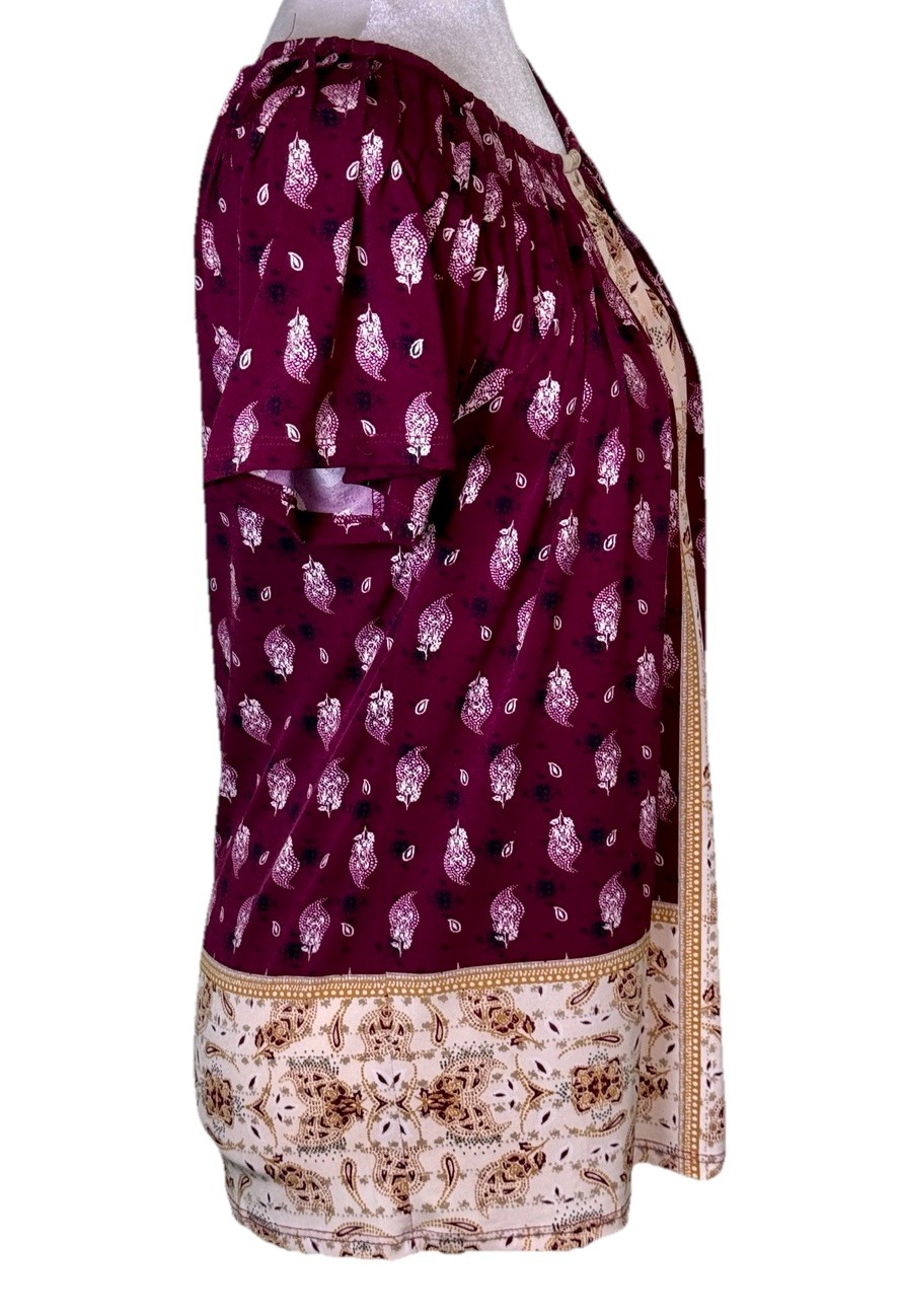 Women’s Festival Boho Peasant Blouse Burgundy Paisley Relaxed Fit Tunic Sz Sm