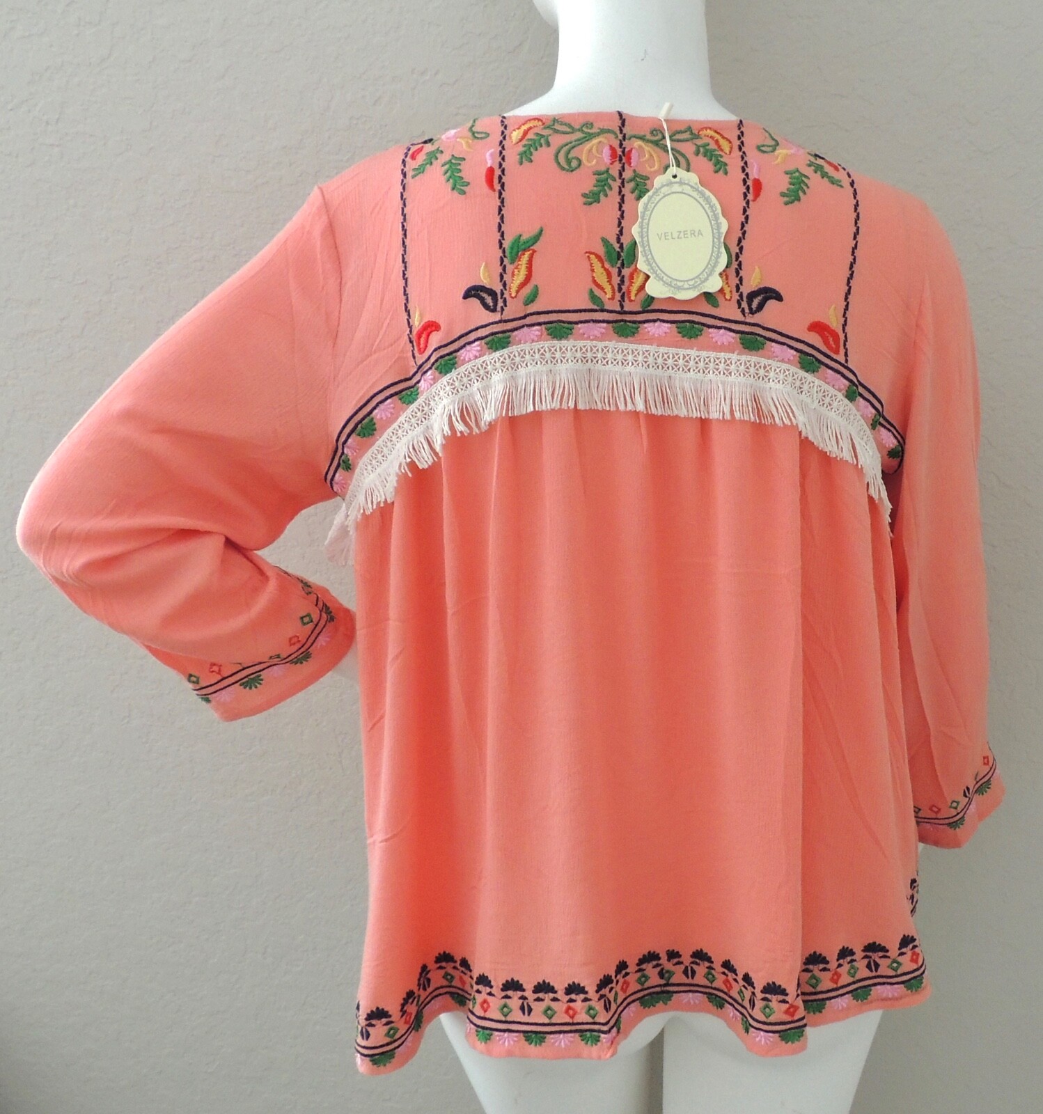 Velzera Embroidered Floral & Fringe Tie Front Open Jacket Coral Plus 1XL 2XL 3XL