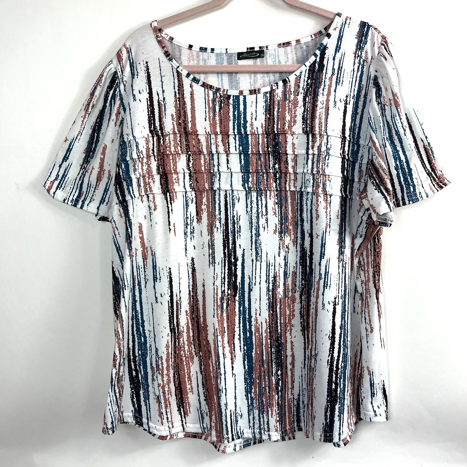 Women’s Ofeefan Boat Neck White Teal Mauve Brown Stripe Short Casual Sleeve 3X