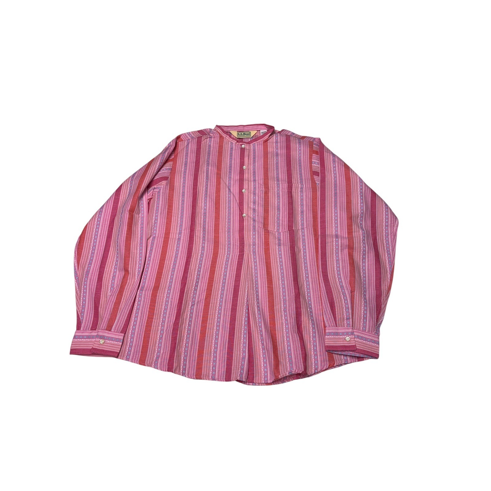 VTG 80S 90S LL Bean Womens Pink Red Striped Band Collar Popover Shirt L USA
