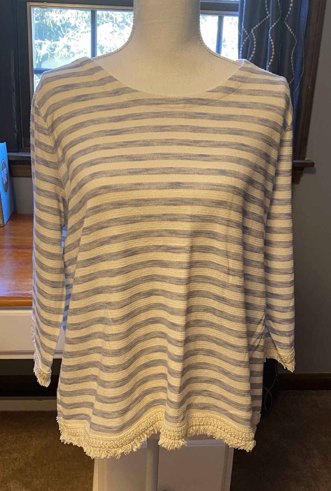 J Jill Blue & Cream Striped Cotton Shirt 3/4 Sleeve Fringe SZ Large Pre-owned