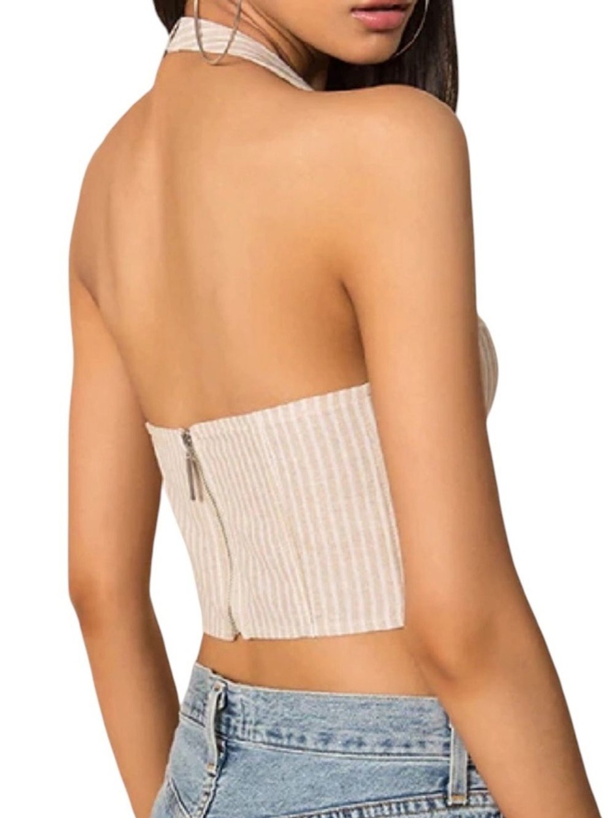 Revolve Superdown Rudy Halter Top Beige White Striped Womens Medium NEW With Tag