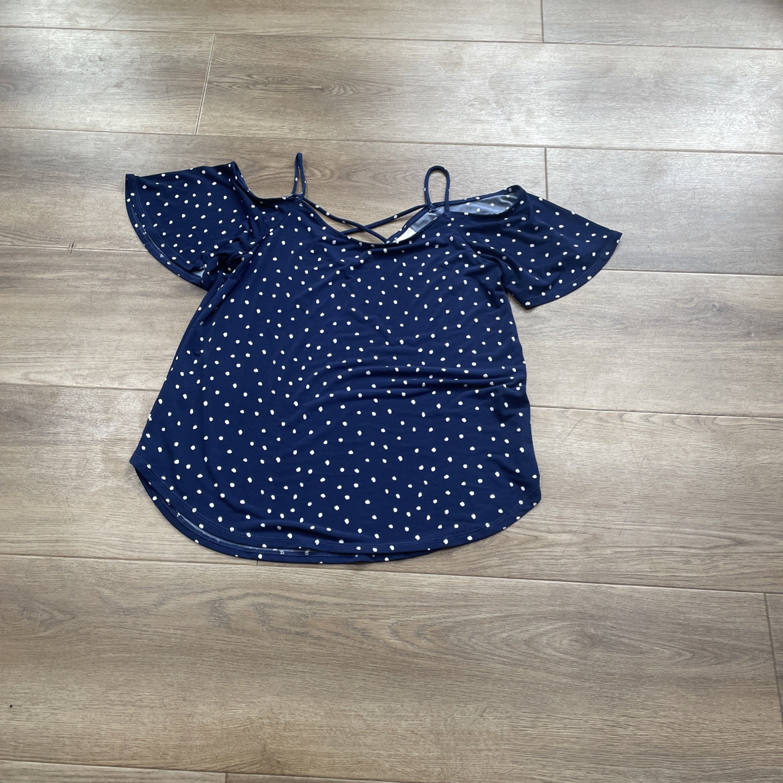 Kaileigh Navy Blue Polka Dot Cold Shoulder Flutter Sleeve Top Medium