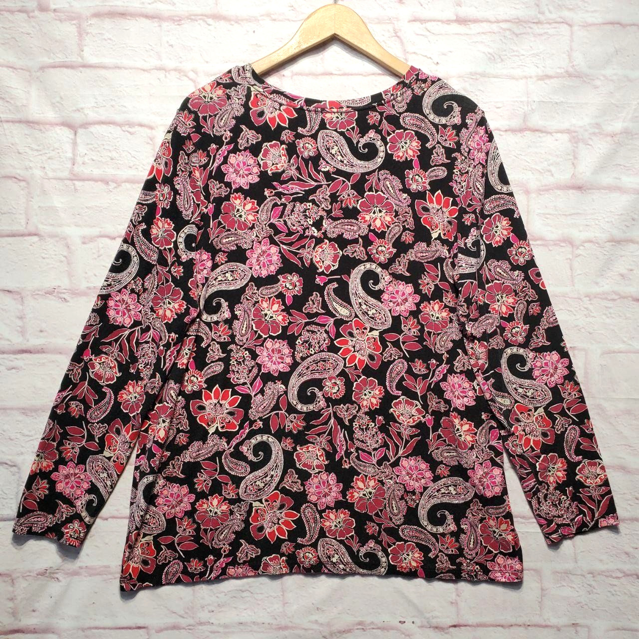 Chicos Shirt Womens XL Black Pink Paisley Floral Long Sleeve Stretch Top Boho