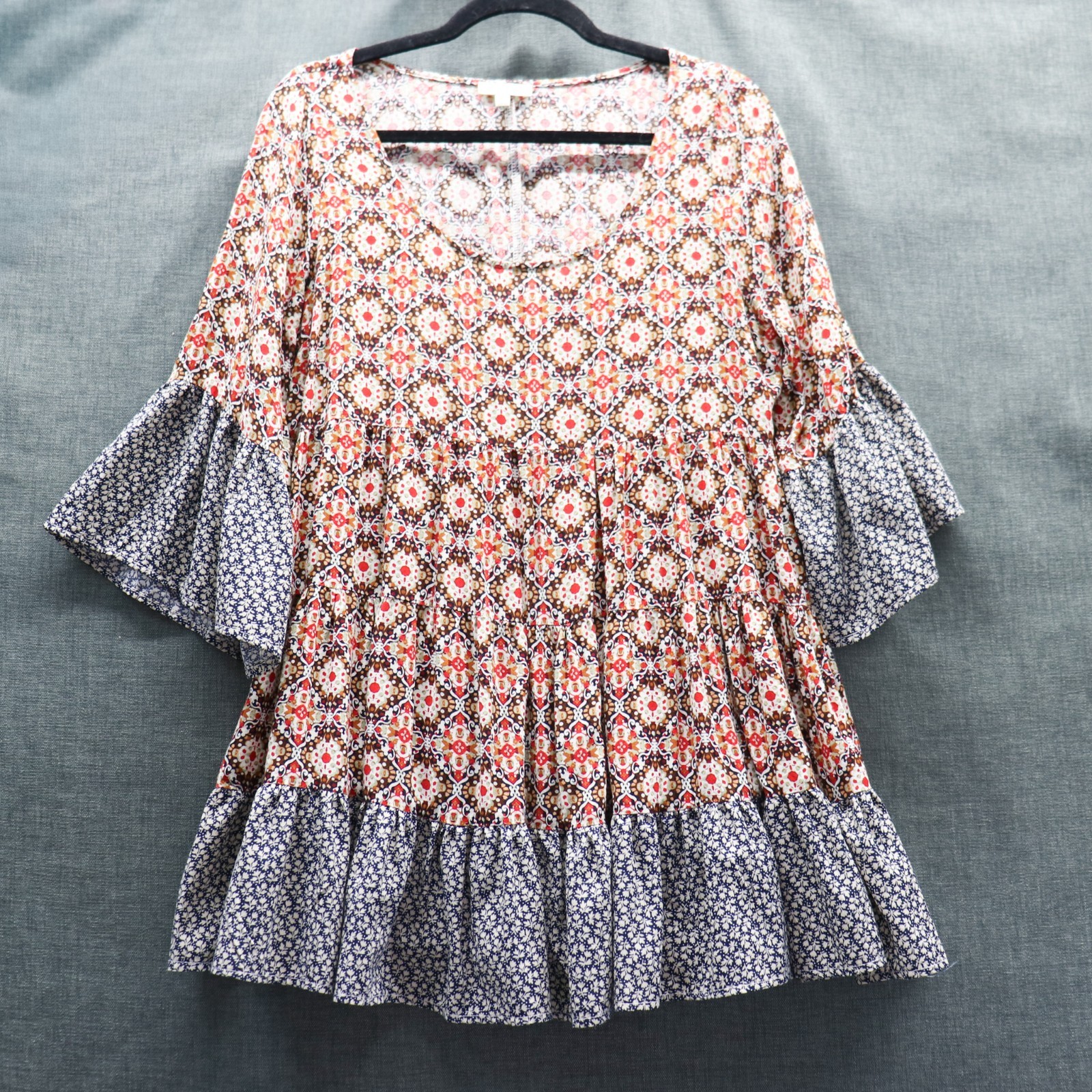 Kori America Boho Patchwork Tunic Dress Bell Sleeve Floral Geometric Small