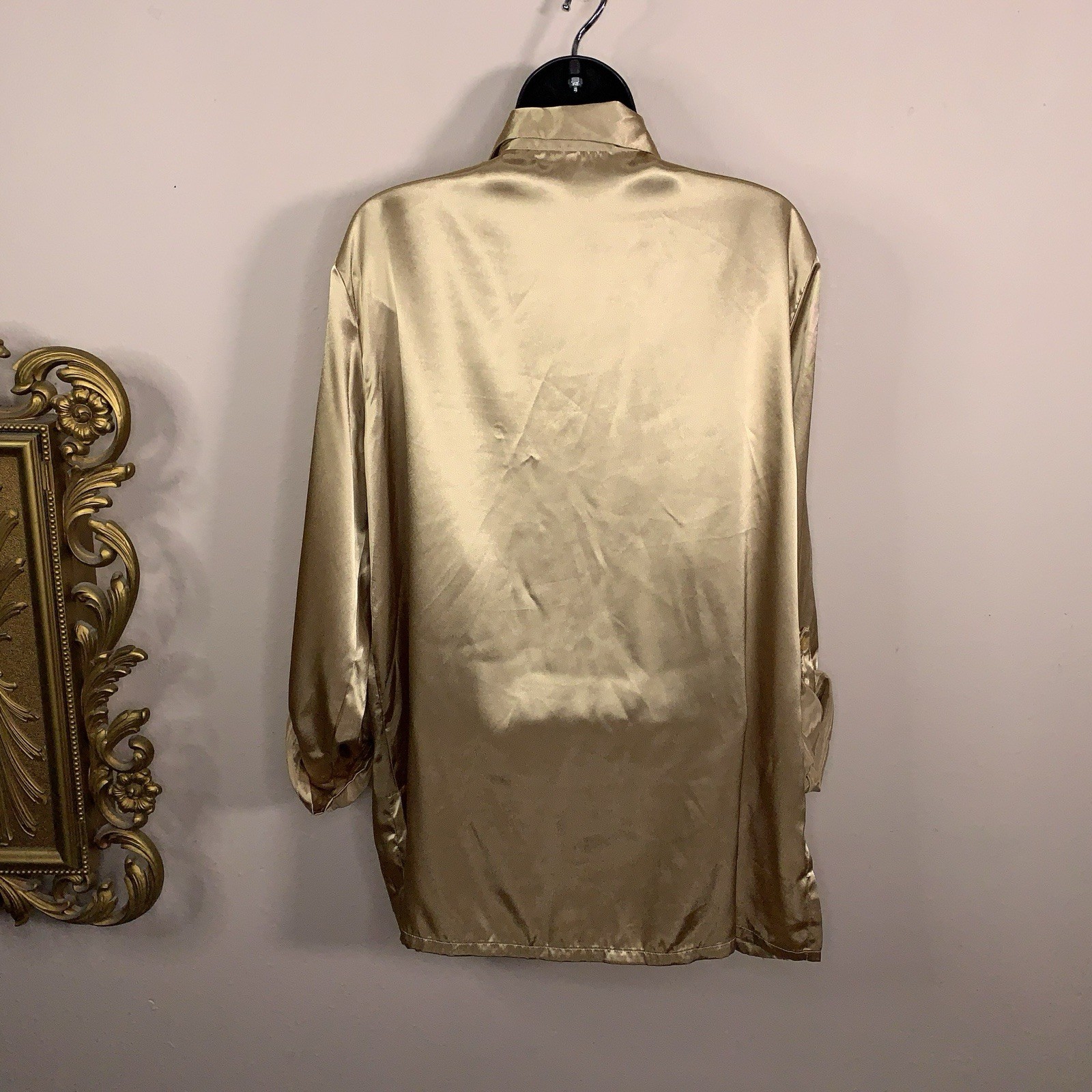 Vintage 90s Era Requirements Gold Satin Roll Tab Blouse Top Tunic Length