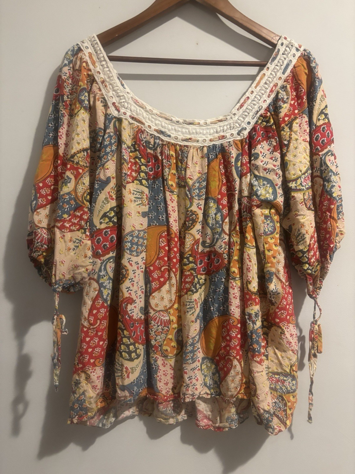Kori America Blouse Boho Large Paisley Square Neck Crochet Short Tie Sleeve Red