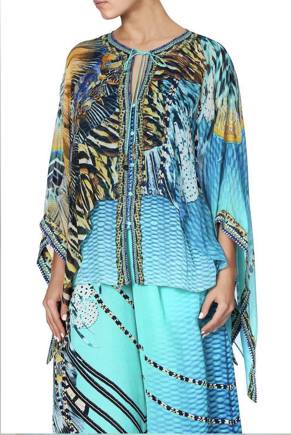 Camilla Sheer Layered Top Blouse Marine Queen Size L/X Silk Green Aqua Boho $549