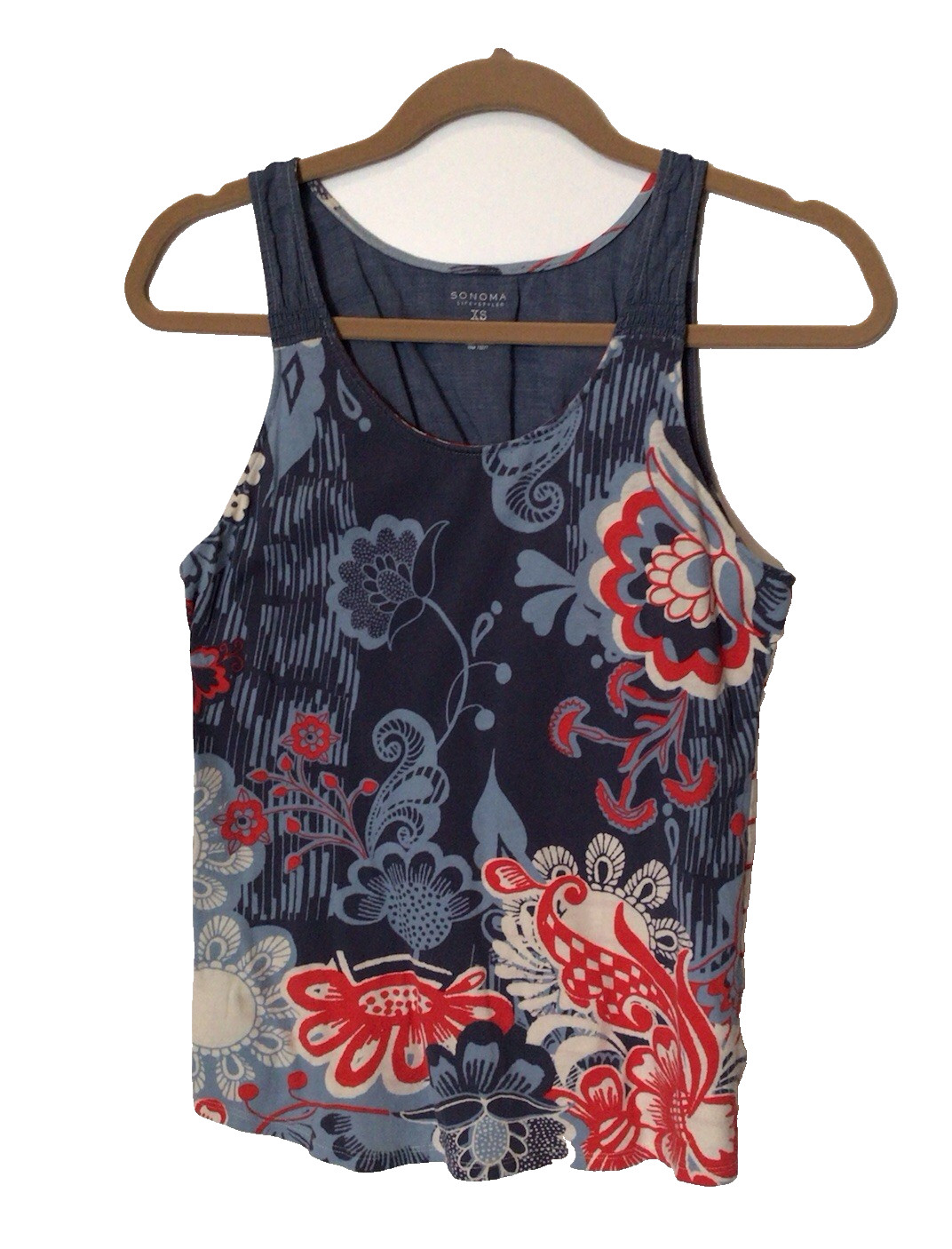 SONOMA Floral Scoop Neck Swing Tank Top Womens XS Red White Blue Knit Woven