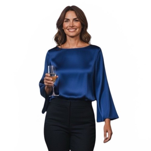 Eileen Fisher Stretch Silk Charmeuse Bateau Neck Top LS Lapis Blue XS NWT $248