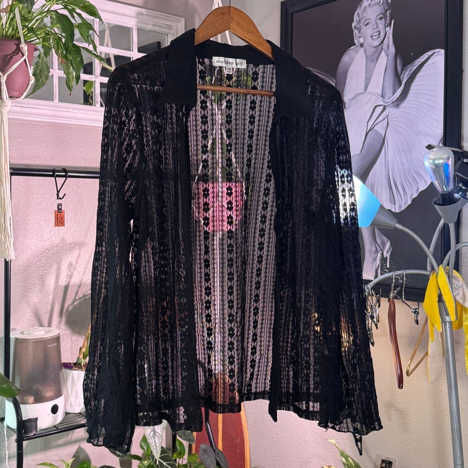 Madden Girl Black Lace Sheer Collared Button Up Shirt Plus Size 1X Long Sleeve