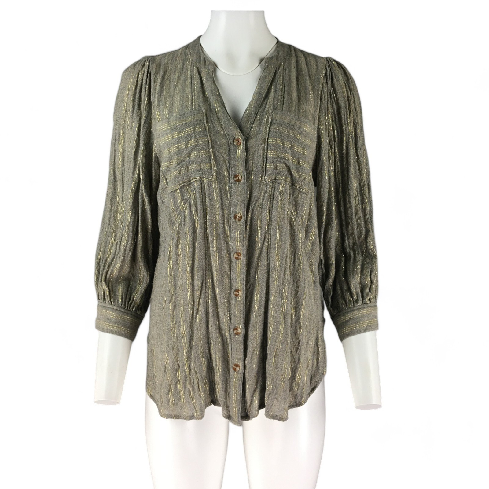 Anthropologie Blouse Shirt Button Front 3/4 Sleeve Taupe Gold Rayon Wool Size 8