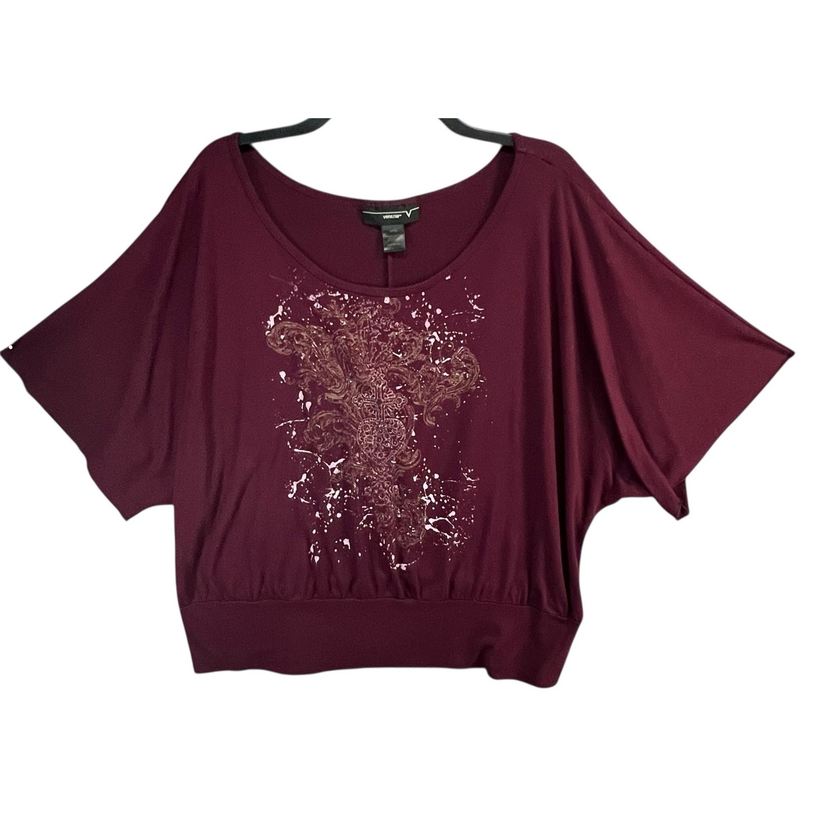 Y2K Venezia Top 14-16 Burgundy Abstract Glitter Splatter Cross Whimsygoth Grunge