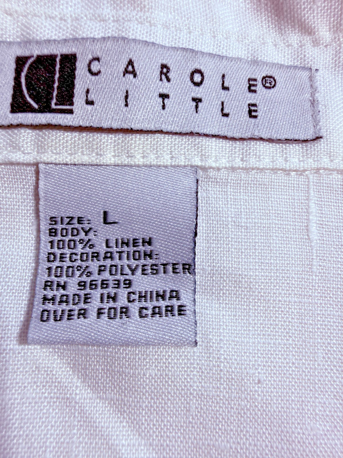 Carole Little VTG Women’s White Embroidery 100% Linen Sleeveless Blouse Size L
