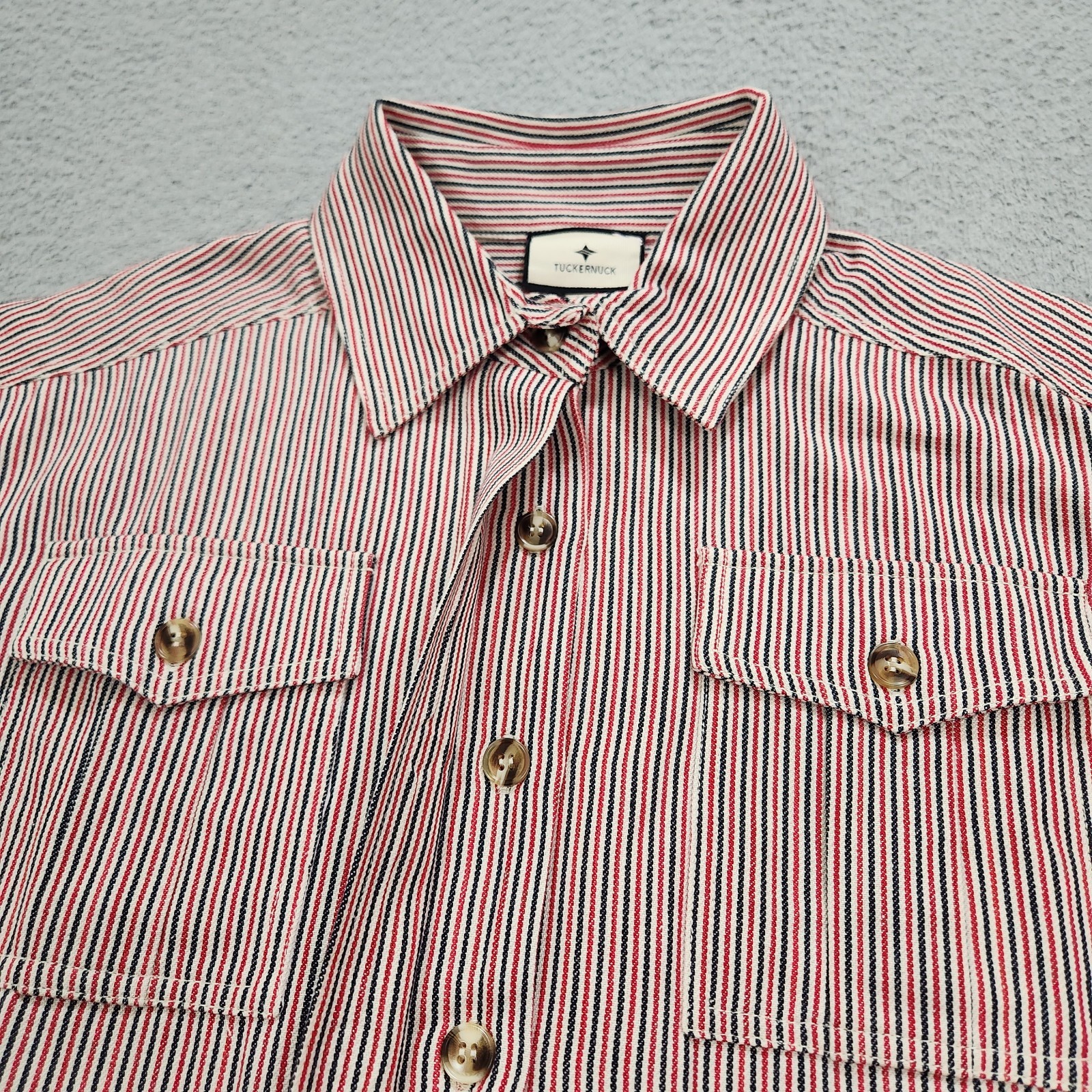 Tuckernuck Shirt Womens Large Red Striped Scottie Belted Hidden Buttons Pockets