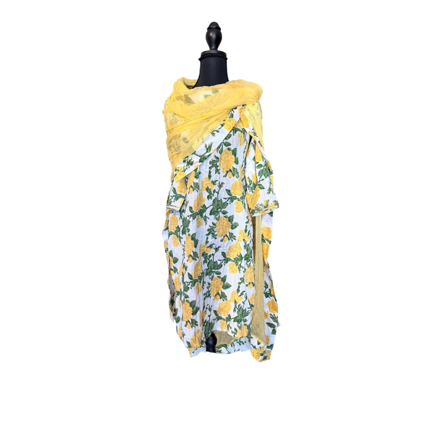 Yellow floral rose long tunic and wrap set dupatta kurti kameez spring summer