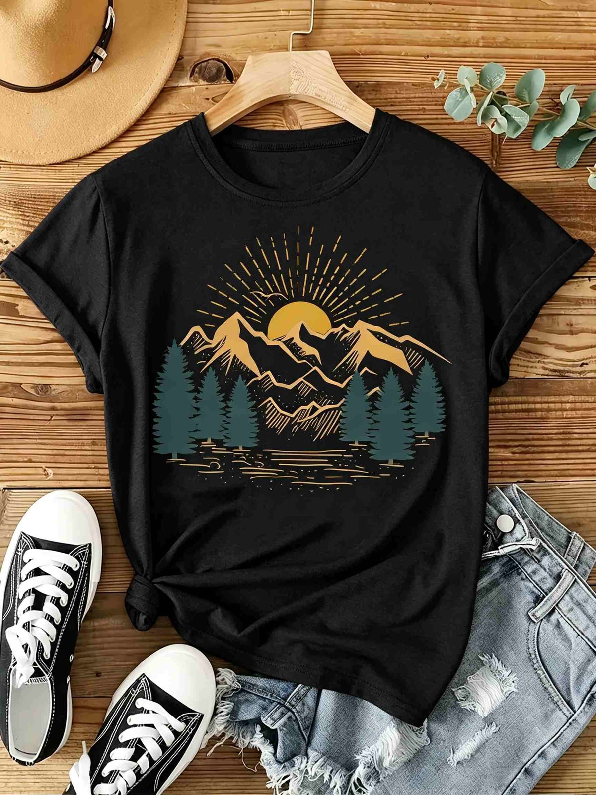 Elegant Women’S Short Sleeve T-Shirt | Mountain Sunrise Outdoor Print