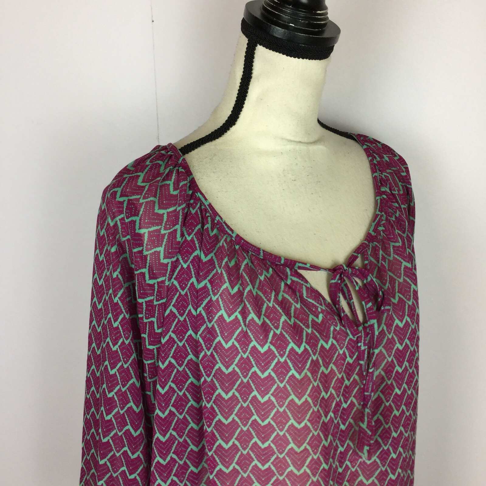 Olivia Moon Peasant Blouse Top XL Womans Purple Heart Print Sheer Elastic Waist