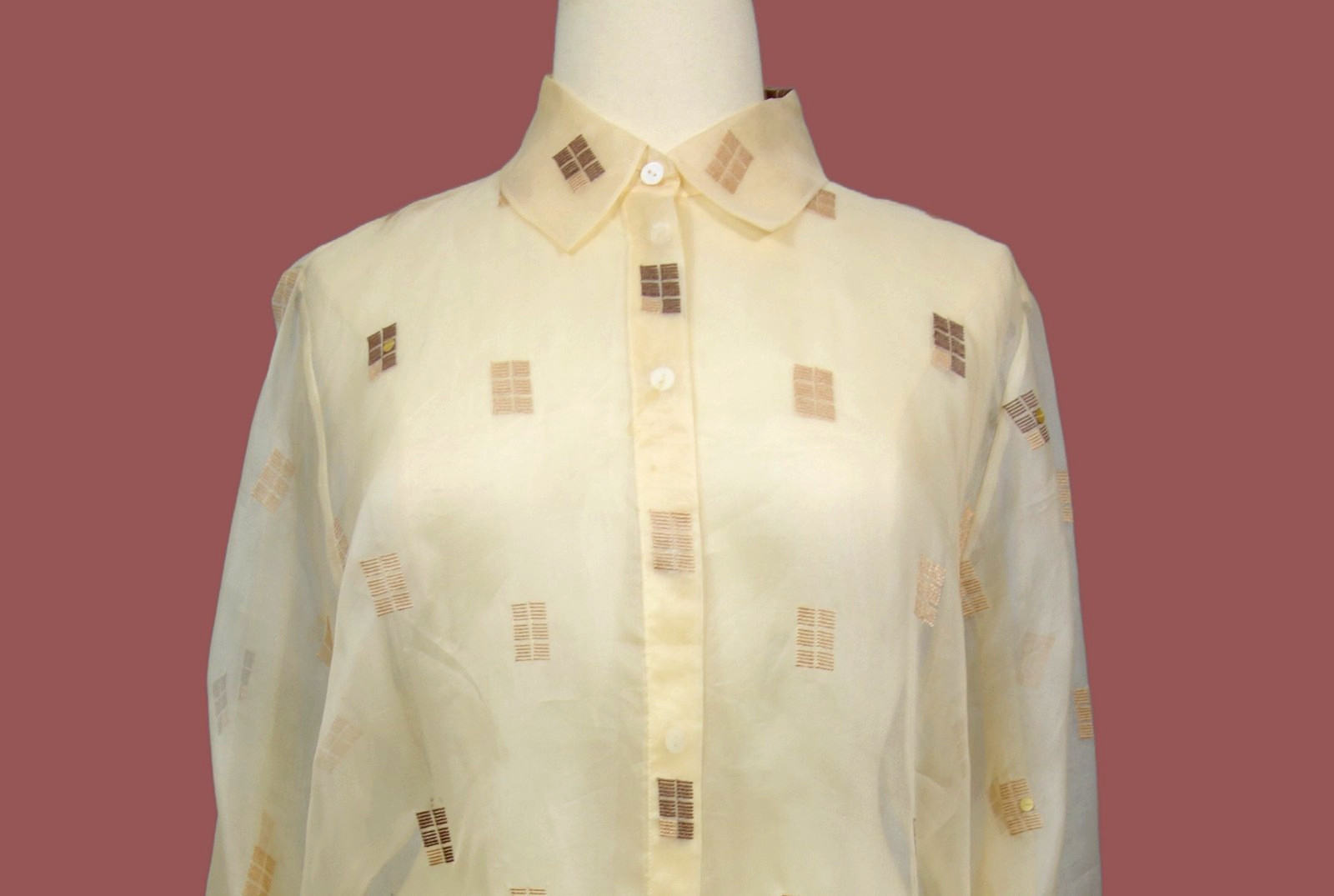 Josephine Chaus~Vtg Luxury Sheer Silk Organza Ecru Button Up Sequin Blouse Sz 18