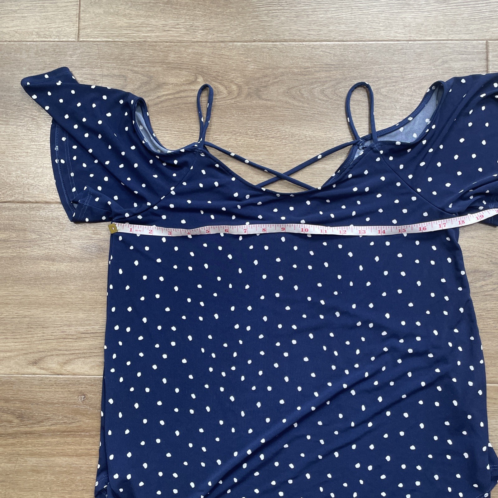 Kaileigh Navy Blue Polka Dot Cold Shoulder Flutter Sleeve Top Medium