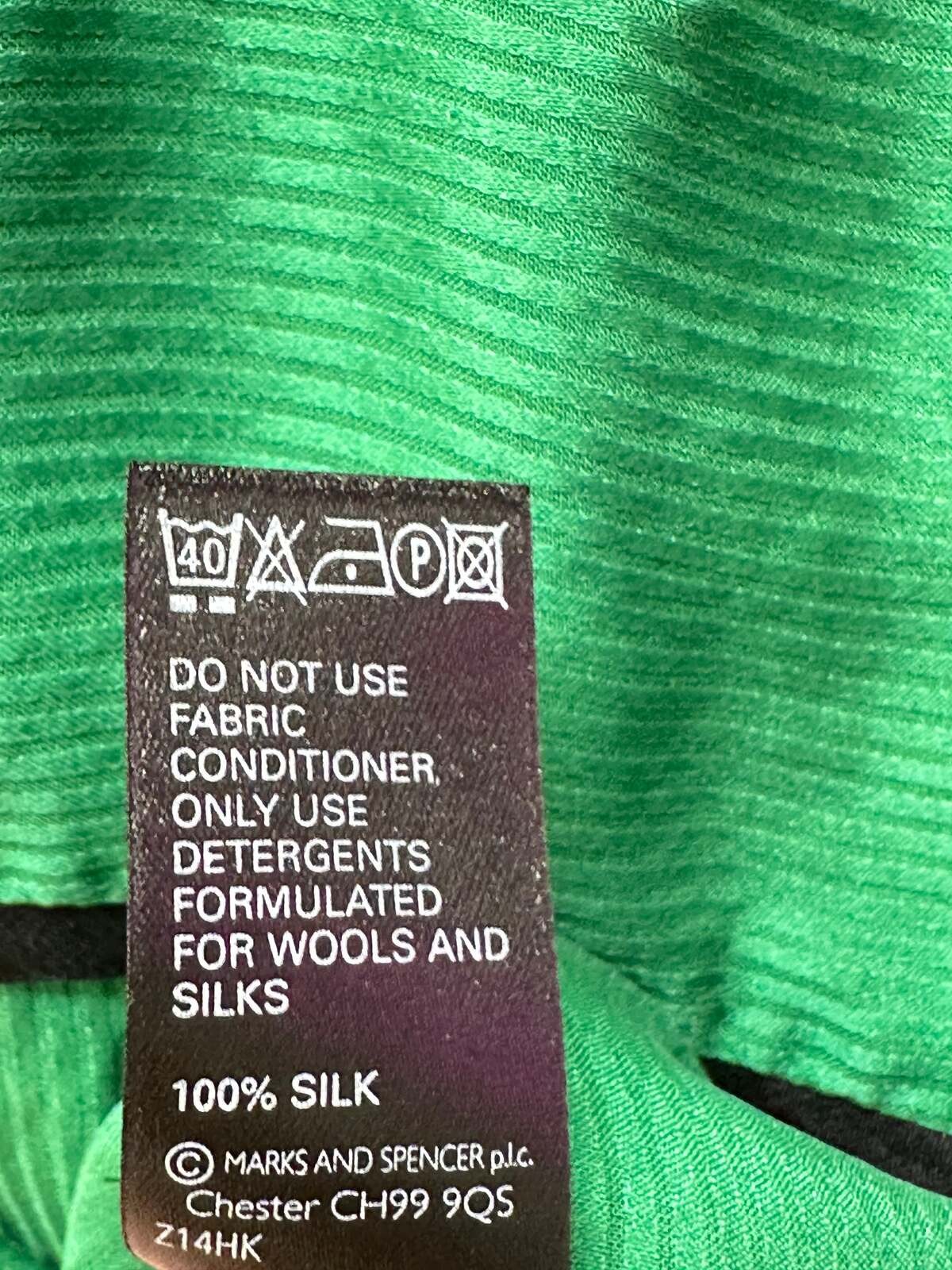M&S UK 14 Green Pintuck Crinkle Silk Chiffon Button Detail Peasant Blouse