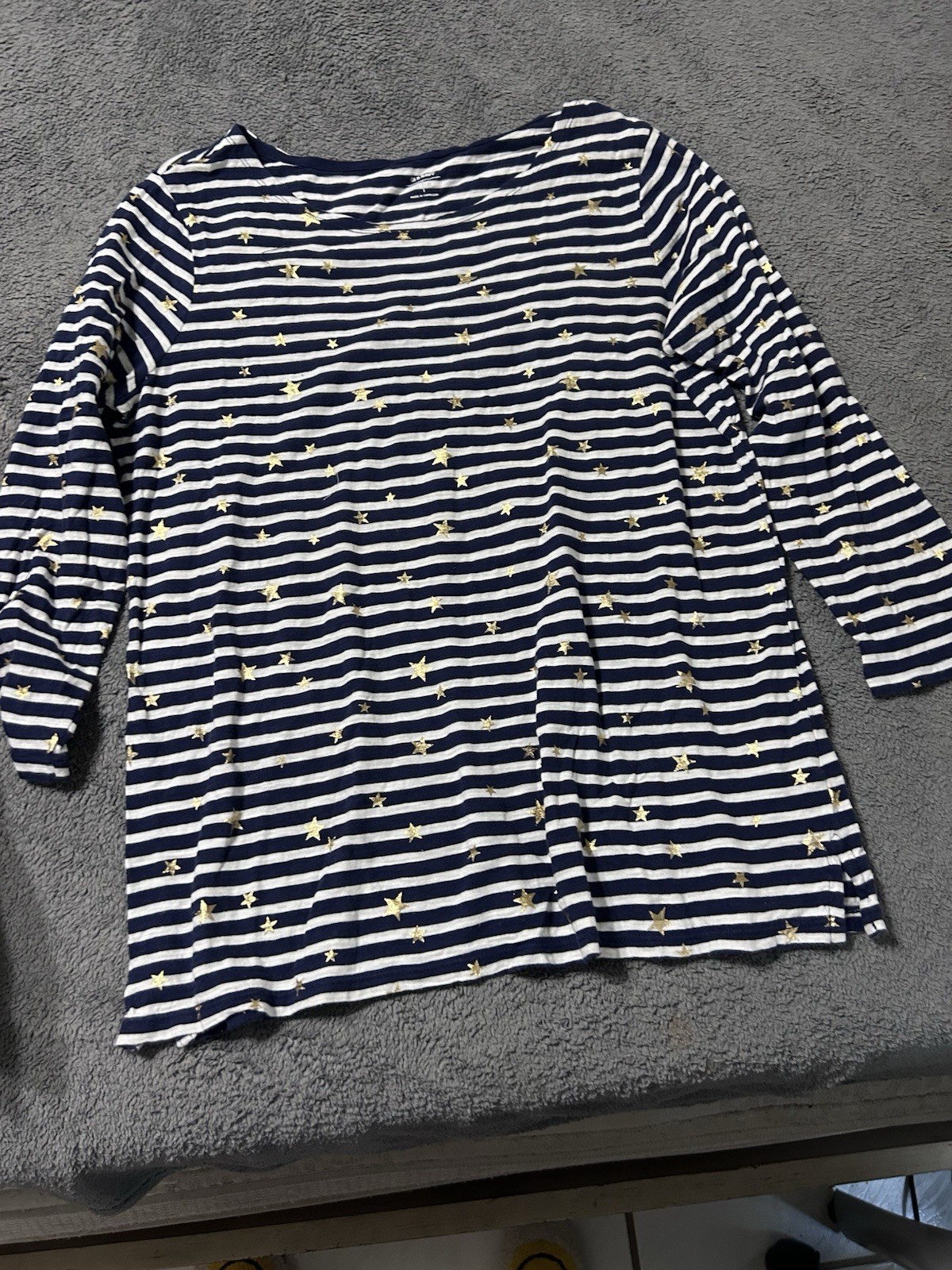 Old Navy Women’s Blue White Striped Glitter Star Boat Neck 3/4 Sleeve Top L