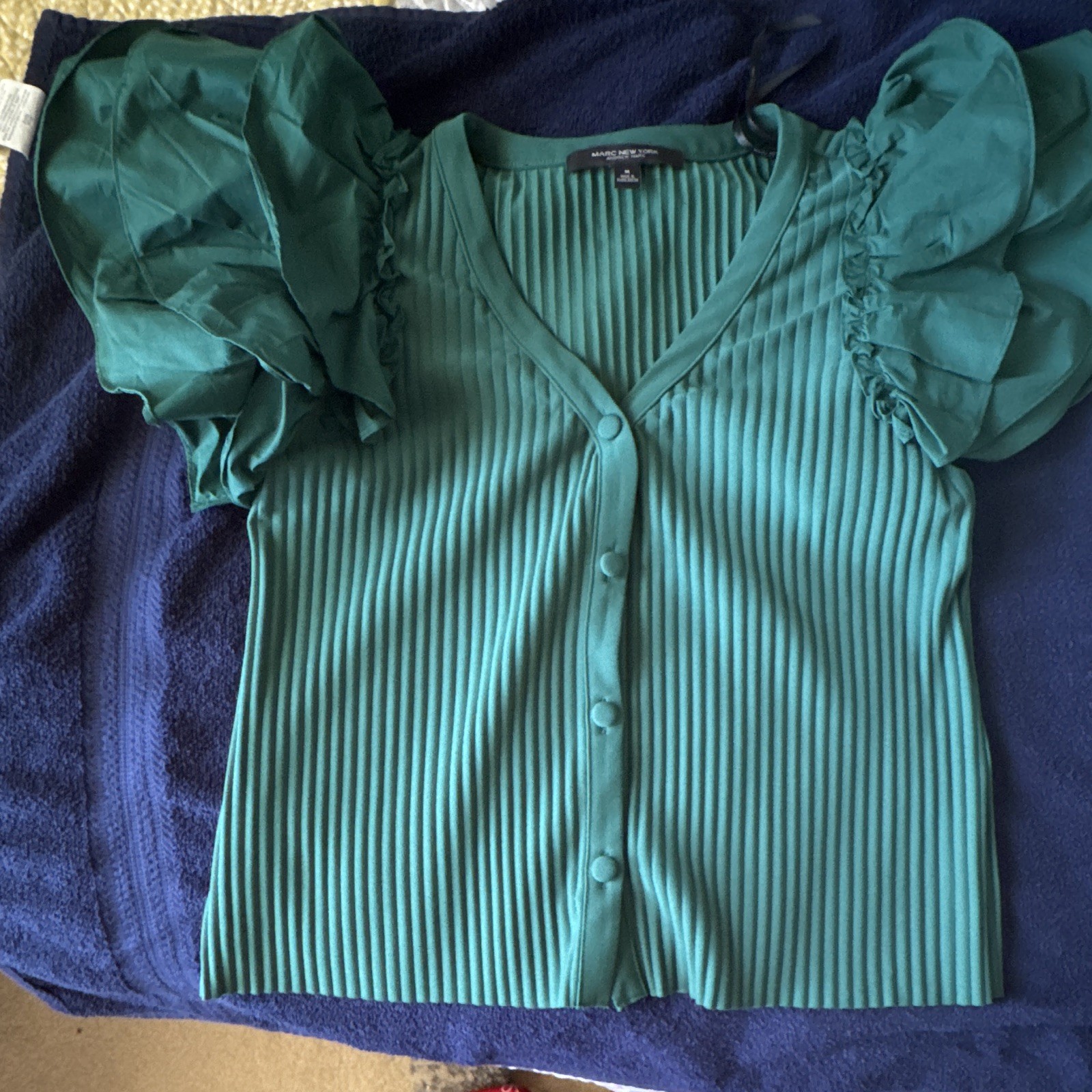 Marc New York Women’s Green Knit V-Neck Button Ruffle Puff Sleeve Blouse M