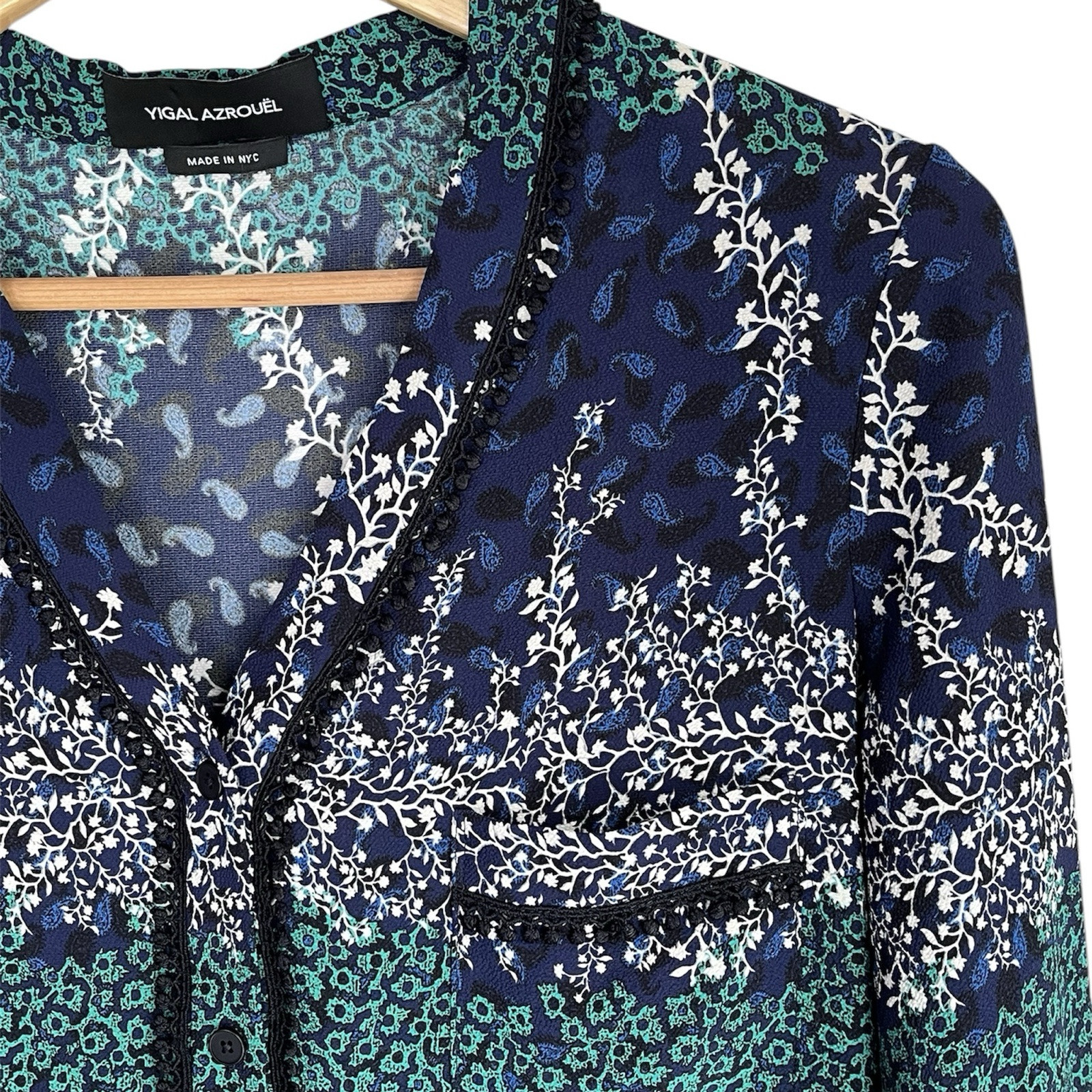Yigal Azrouel Green Blue White Trellis V-Neck Long Sleeve Blouse 4
