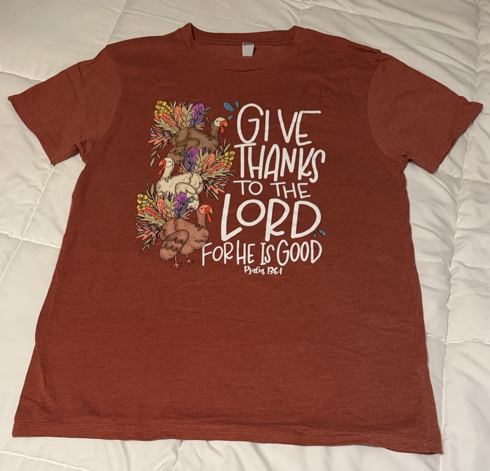 New Love In Faith Graphic Design Psalm 136:1 Religious Woman’s Shirt Medium