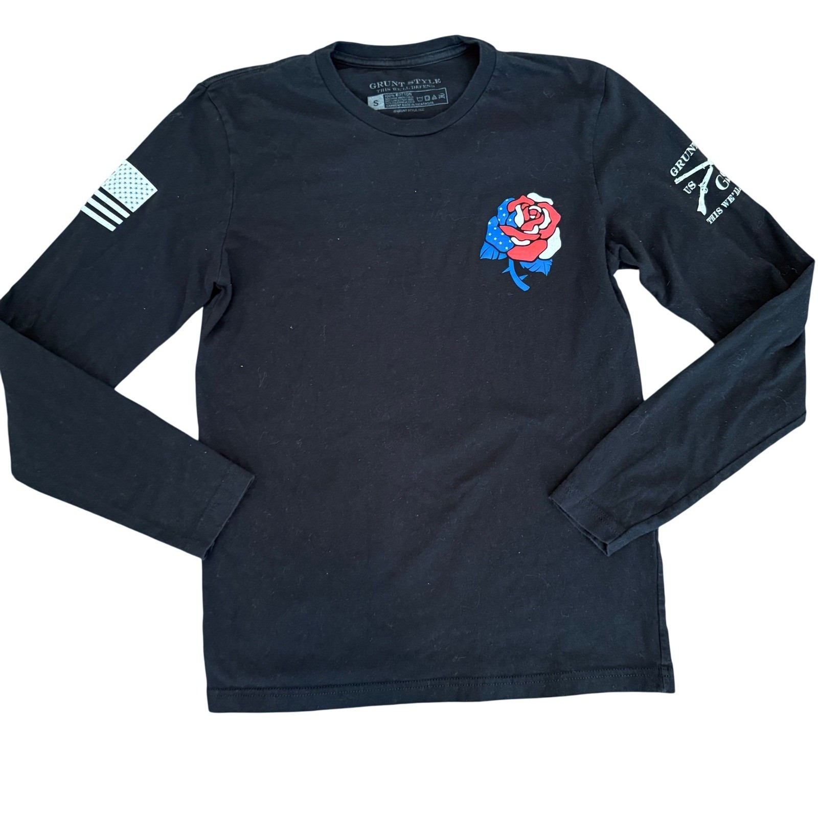 Grunt Style Patriotic Rose Long Sleeve Graphic Tee Black Sz S One Flag 1776