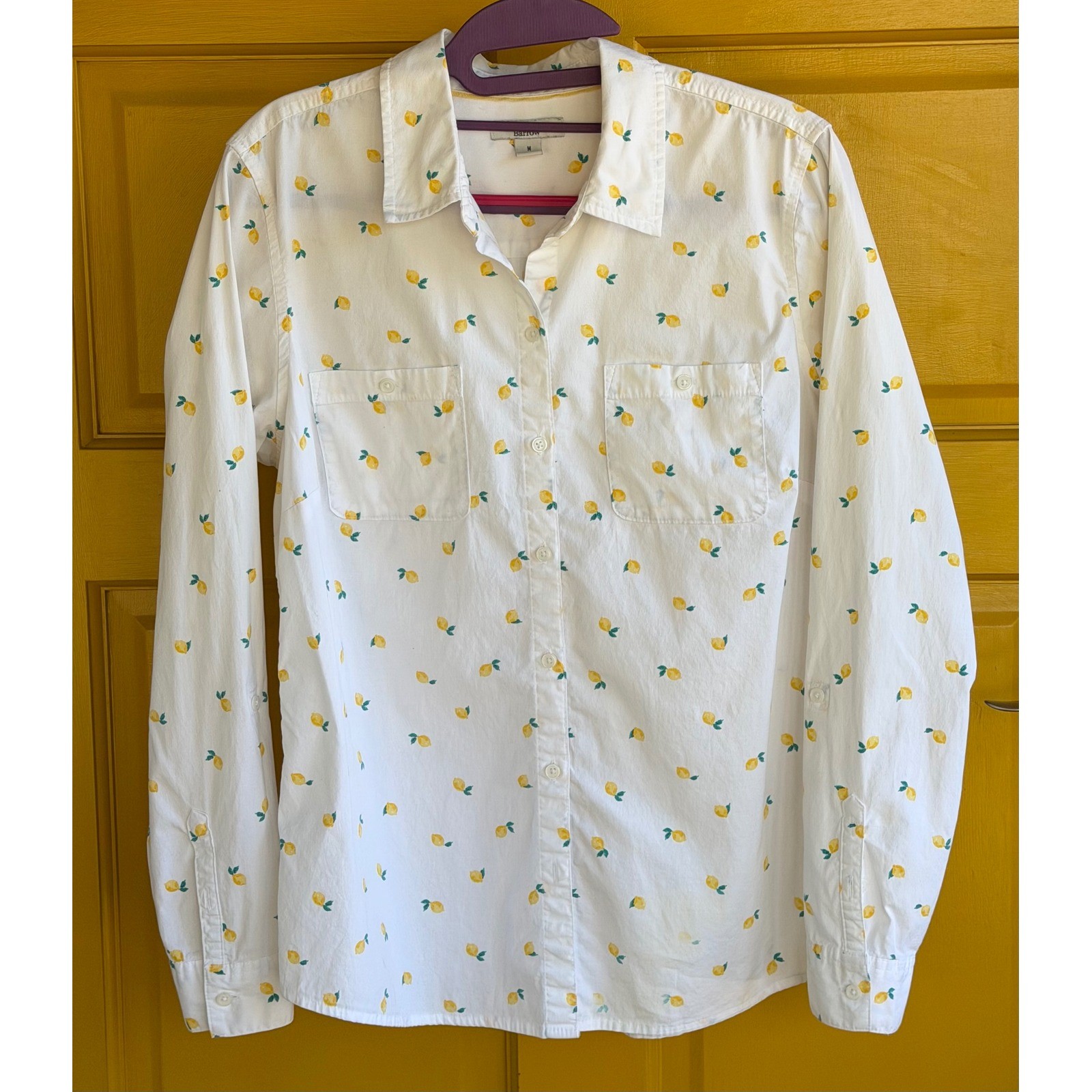 Croft & Barrow Lemon Print Cotton Button Down Blouse White Yellow Womens Medium