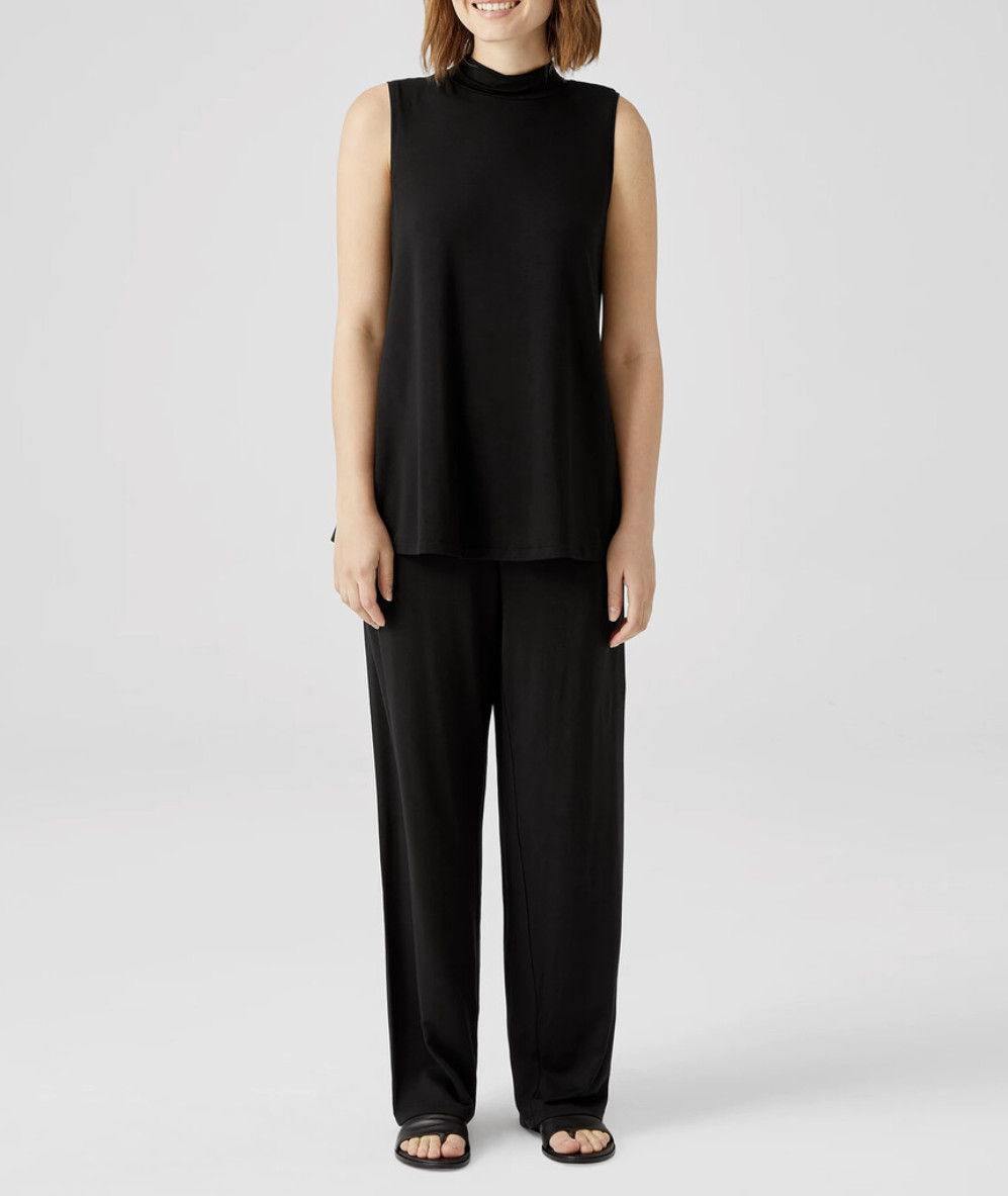 Eileen Fisher Black Long Length Fine Jersey Mock Neck Tank Sz L
