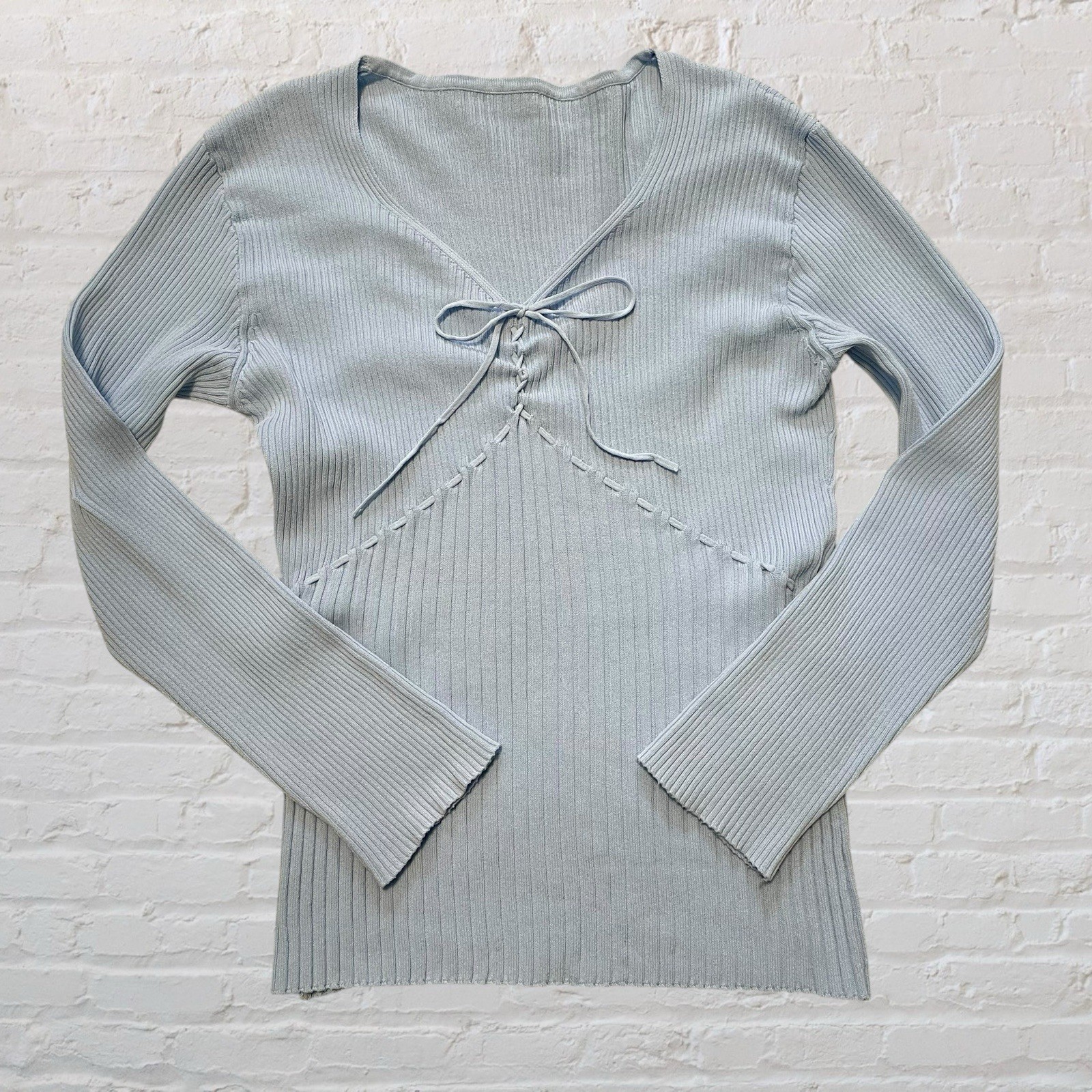 corset lace-up bow coquette top S light blue ribbed preppy fairy y2k feminine