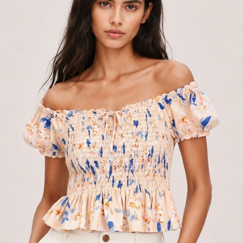 BCBGeneration Floral Smocked Off Shoulder Peplum Top Medium Boho Cottagecore