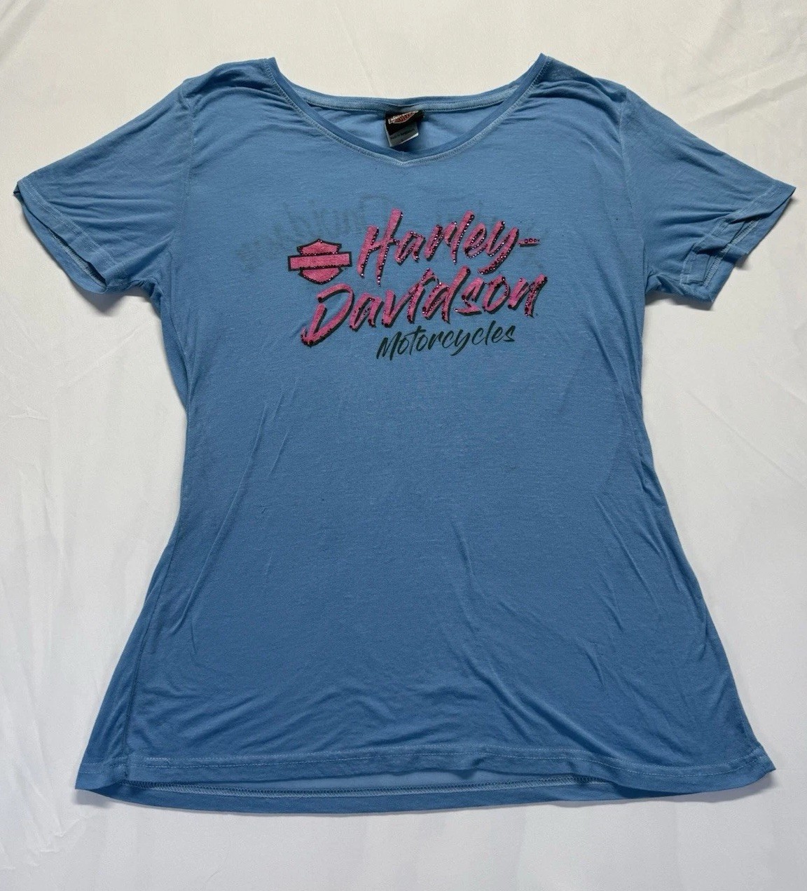 Harley Davidson Women’s graphic Tshirt L Blue Roatan Honduras Motorcycle Tee