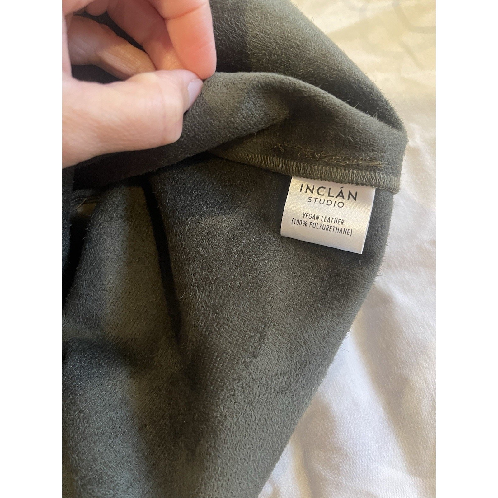 INCLAN STUDIO Olive Green Capsule Gathered Sleeve Vegan Leather Top Blouse L