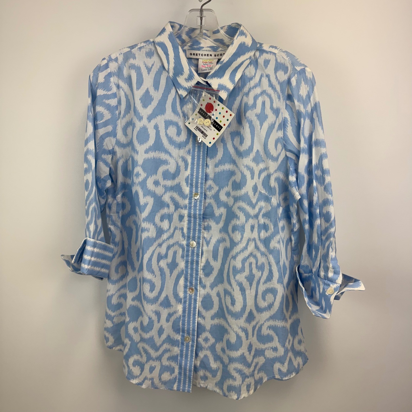 Gretchen Scott Periwinkle Blue Ikat Button Down Shirt Top Womens Large NWT