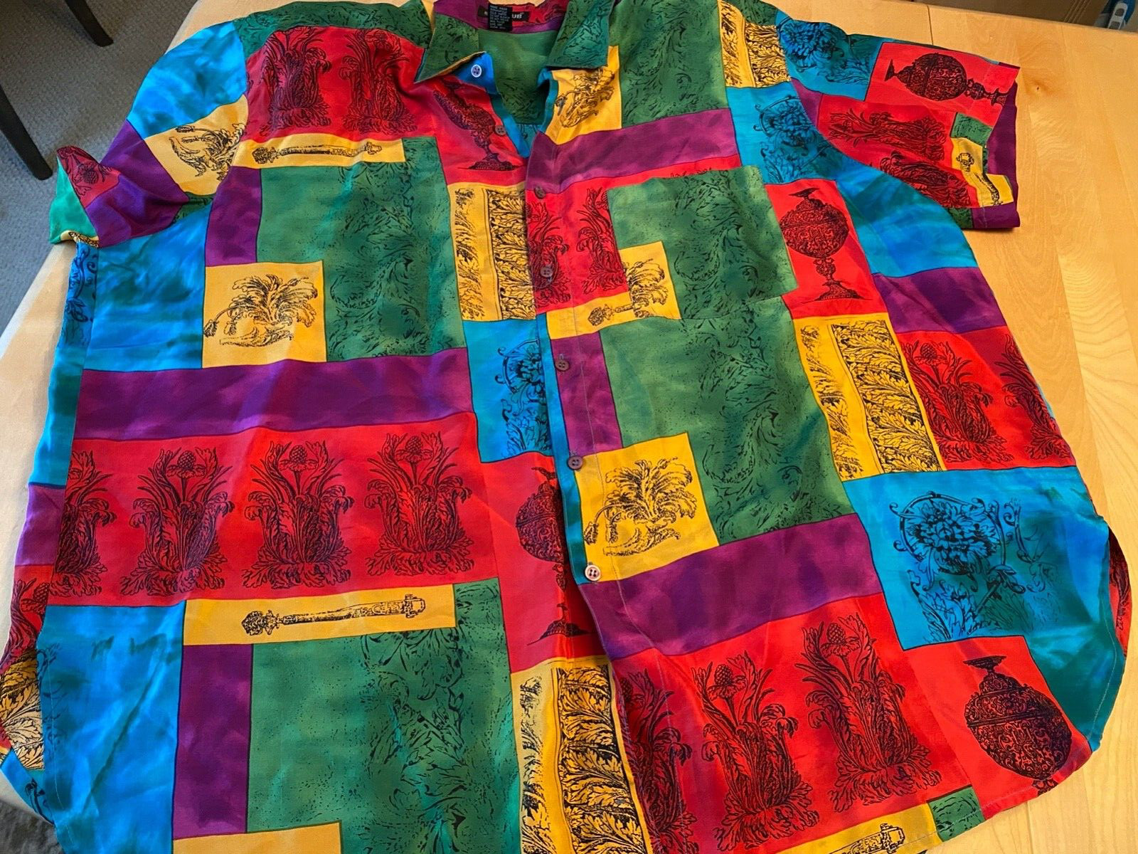 100% SILK CLUB KOREA MADE FLORAL FLEUR COLORBLOCK SS SHIRT WOMENS SZ 3 VTG
